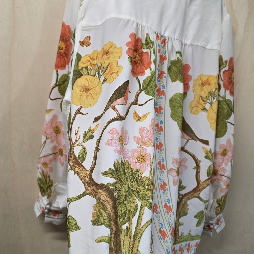 Rose + Olive Floral Bird Print Button Down Blouse White Plus 3X Long Sleeve - Picture 11 of 16